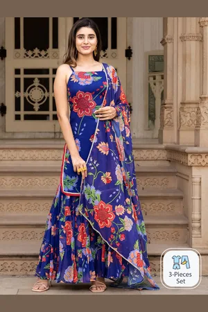 Ambraee Floral Printed Shoulder Straps Straight Kurta & Sharara With Dupatta