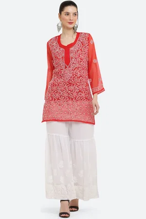 FAWOMENT Ethnic Motifs Embroidered Regular Thread Work Georgette Kurti with Sharara