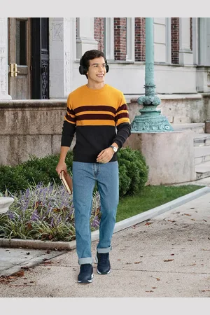 HARVARD Men Mustard Yellow Striped Revisited Nostalgia Blocked Story Pullover