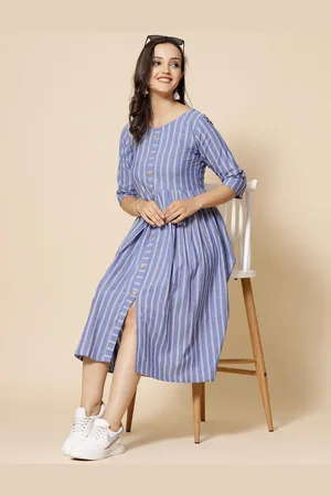 Kalini Striped Round Neck Fit & Flare Midi Dress