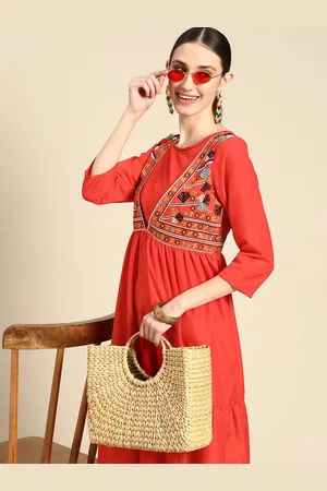 Sangria Red Solid Embroidered Detail A-Line Midi Dress