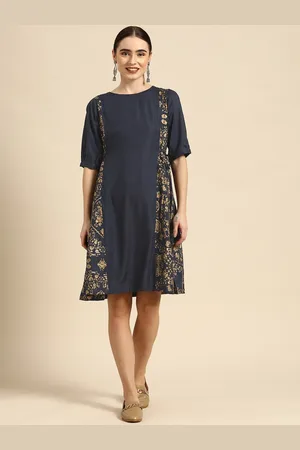 Sangria Navy Blue & Gold-Toned Floral Ethnic A-Line Dress