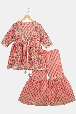 Celebravo Girls Floral Printed A-Line Pure Cotton Kurta with Sharara & Jacket