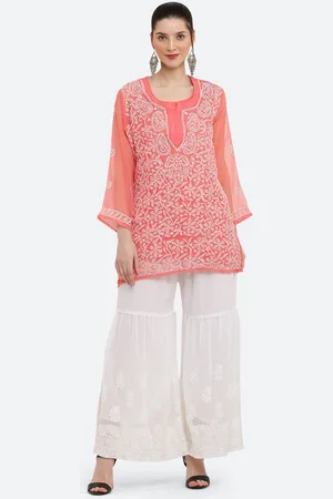 FAWOMENT Ethnic Motifs Embroidered Regular Thread Work Georgette Kurti With Sharara