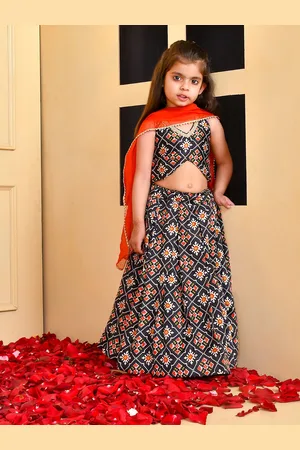 Rangpur Girls Ethnic Motifs Printed Gotta Patti Silk Lehenga & Blouse With Dupatta