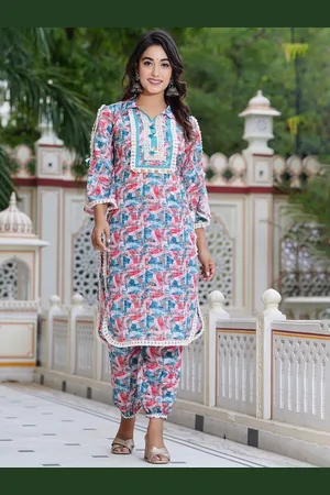 Hatheli Abstract Printed Shirt Collar Thread Work Kurta with Trousers