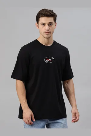 Reebok Unisex Black Glitch Brand Logo Printed Back Round Neck T-shirt