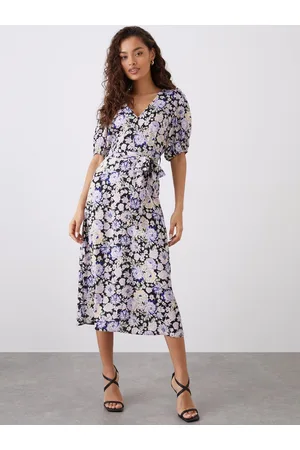 Dorothy Perkins Petite Floral Printed Puff Sleeves A-Line Midi Dress