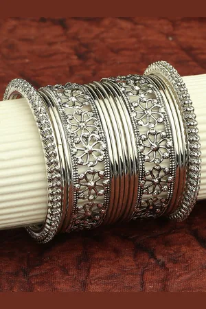 OOMPH Set Of 16 Oxidised Floral Design Bangles