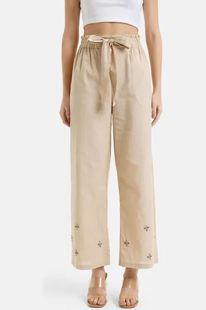 Kazo Women Floral Embroidered Relaxed High-Rise Linen Trousers