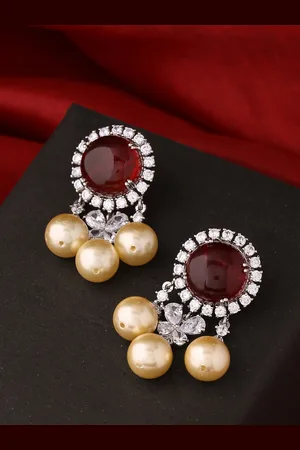 Tistabene Women Rhodium-Toned Red Stone-Studded & Pearl Beaded Contemporary Drop Earrings