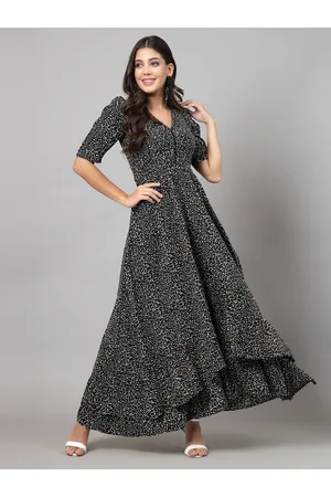 RAASSIO Polka Dot Printed Puff Sleeves Maxi Dress