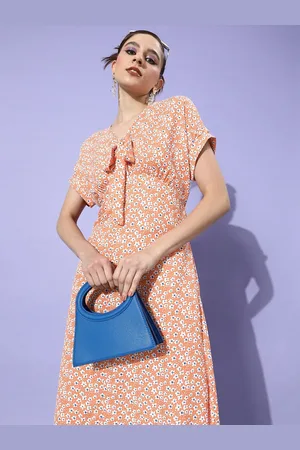 Mast & Harbour Bright Orange Floral A-Line Retro Optimism Twists & knots Midi Dress