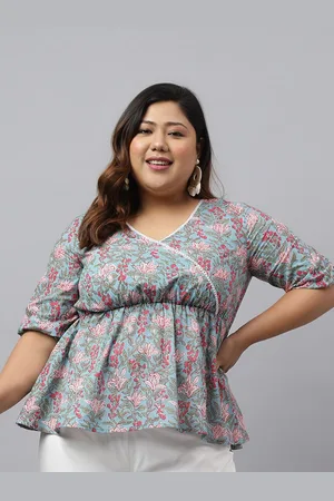 Janasya Plus Size Floral Printed Puff Sleeve Cotton Empire Top