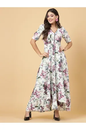 RAASSIO Floral Printed Puff Sleeves Maxi Dress