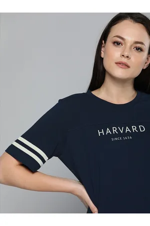 HARVARD Women Navy Blue Printed Sleeve Stripe T-shirt
