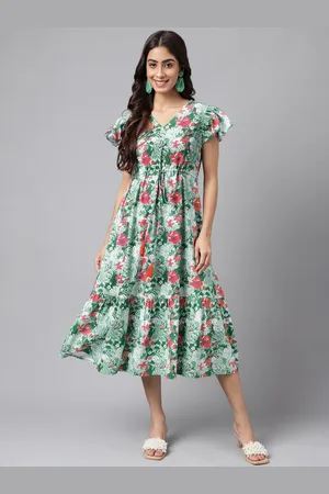 Janasya Floral Printed Flared Sleeves A-line Midi Dress