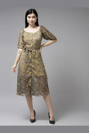 Aarika Animal Printed Puff Sleeves A-Line Midi Dress