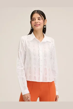 20Dresses Schiffli Self Design Spread Collar Casual Pure Cotton Shirt