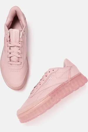 Reebok Women Pink Perforated Club C Double GEO Leather Flatform Sneakers