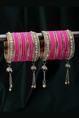 Zeneme Set Of 56 Gold-Plated Matte Finish Velvet AD-studded Tasselled Bangles