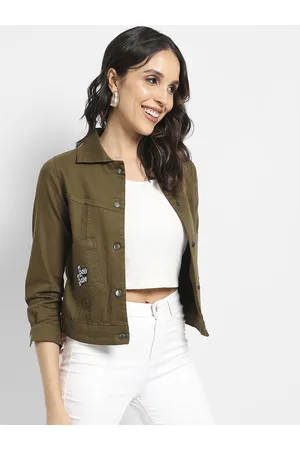Campus Women Olive Green Windcheater Crop Outdoor Bomber with Patchwork Jacket