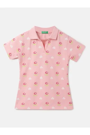 Benetton Girls Floral Printed Polo Collar Pure Cotton T-shirt