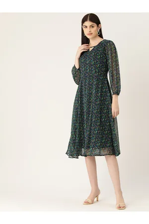 DressBerry Black & Green Floral Printed Puff Sleeve Chiffon Fit & Flare Midi Dress