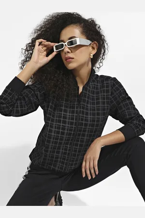Campus Women Black Checked Windcheater Longline Outdoor Tailored Jacket