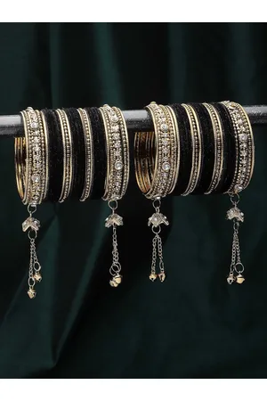 Zeneme Set Of 56 Gold-Plated Matte Finish Velvet AD-Studded Gold Pearl Tasselled Bangles