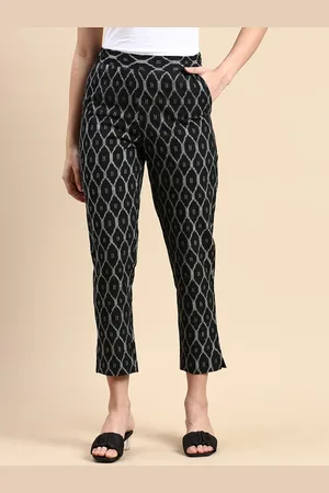 De Moza Women Printed High-Rise Cotton Cigarette Trousers