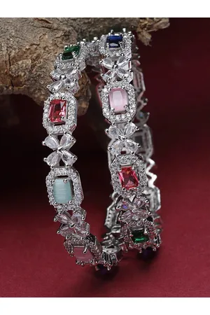 Zeneme Set Of 2 Rhodium-Plated Square Shaped American Diamond-Studded Bangles