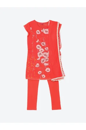 Biba Girls Red Floral Printed Kurta Set with Dupatta & Matching Mask
