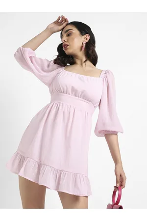 Campus Square Neck Puff Sleeves Fit & Flare Mini Dress