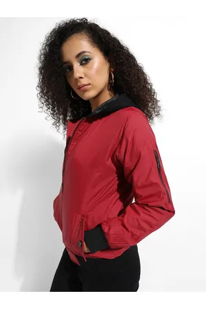 Campus Women Maroon Striped Windcheater Longline Outdoor Bomber Jacket