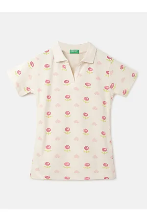 Benetton Girls Floral Printed Polo Collar Pure Cotton T-shirt