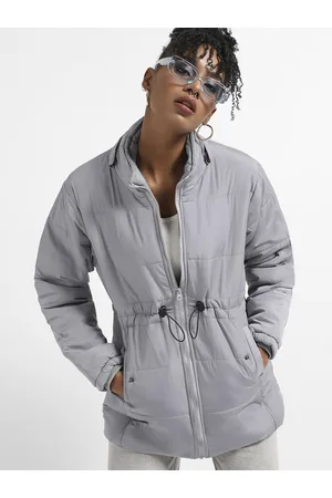 Campus Women Grey Windcheater Longline Outdoor Puffer Jacket