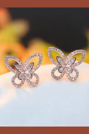Designs & You Rose Gold Plated American Diamond Studded Butterfly Shaped Studs Earrings