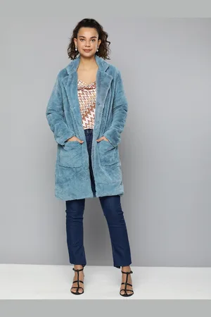 HERE&NOW Women Blue Fleece Longline Open Front Jacket