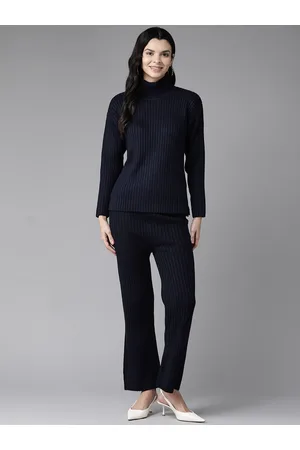 Cayman Women Solid Knitted Ribbed Acrylic Sweater with Trousers