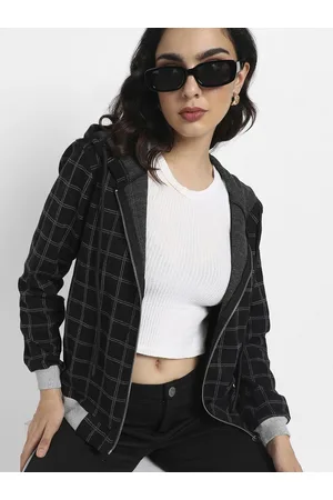 Campus Women Black Checked Windcheater Outdoor Bomber Jacket