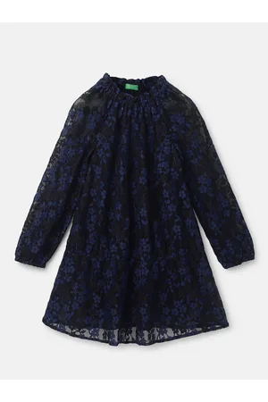 Benetton Girls Floral Printed Puff Sleeves A-Line Dress