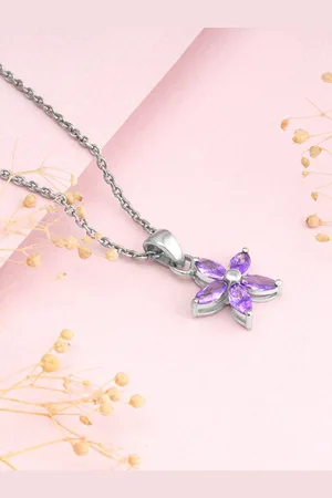 GIVA 925 Sterling Silver Rhodium-Plated Stone Studded Flower Pendant With Chain