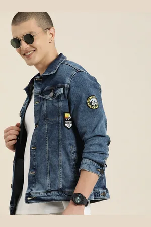 HERE&NOW Solid Spread Collar Patch Work Detailed Denim Jacket