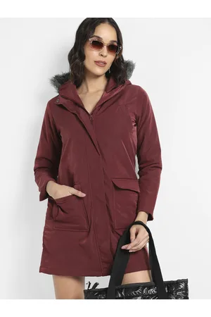Campus Women Maroon Floral Windcheater Longline Outdoor Parka Jacket