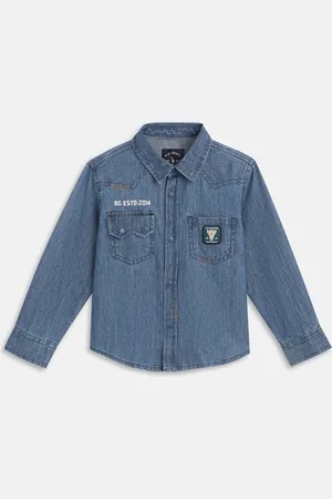 Blue Giraffe Boys Embroidered Denim Casual Pure Cotton Faded Shirt