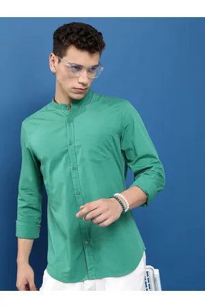 Highlander Green Slim Fit Band Collar Long Sleeve Pocket Cotton Casual Shirt