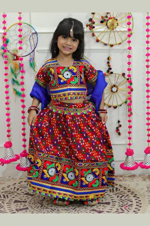 BownBee Girls Embroidered Threaded Work Cotton Ready to Wear Lehenga & Blouse With Dupatta