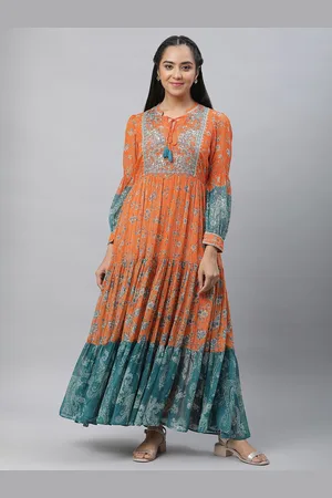 AURELIA Floral Printed Tie-Up Neck Cuffed Sleeves Tiered Detail Georgette Maxi Dress