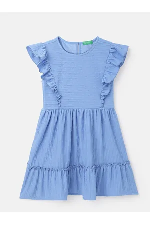 Benetton Girls Flutter Sleeves Gathered or Pleated Fit and Flare Dress